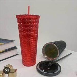 New Red Studded Tumbler with Straw